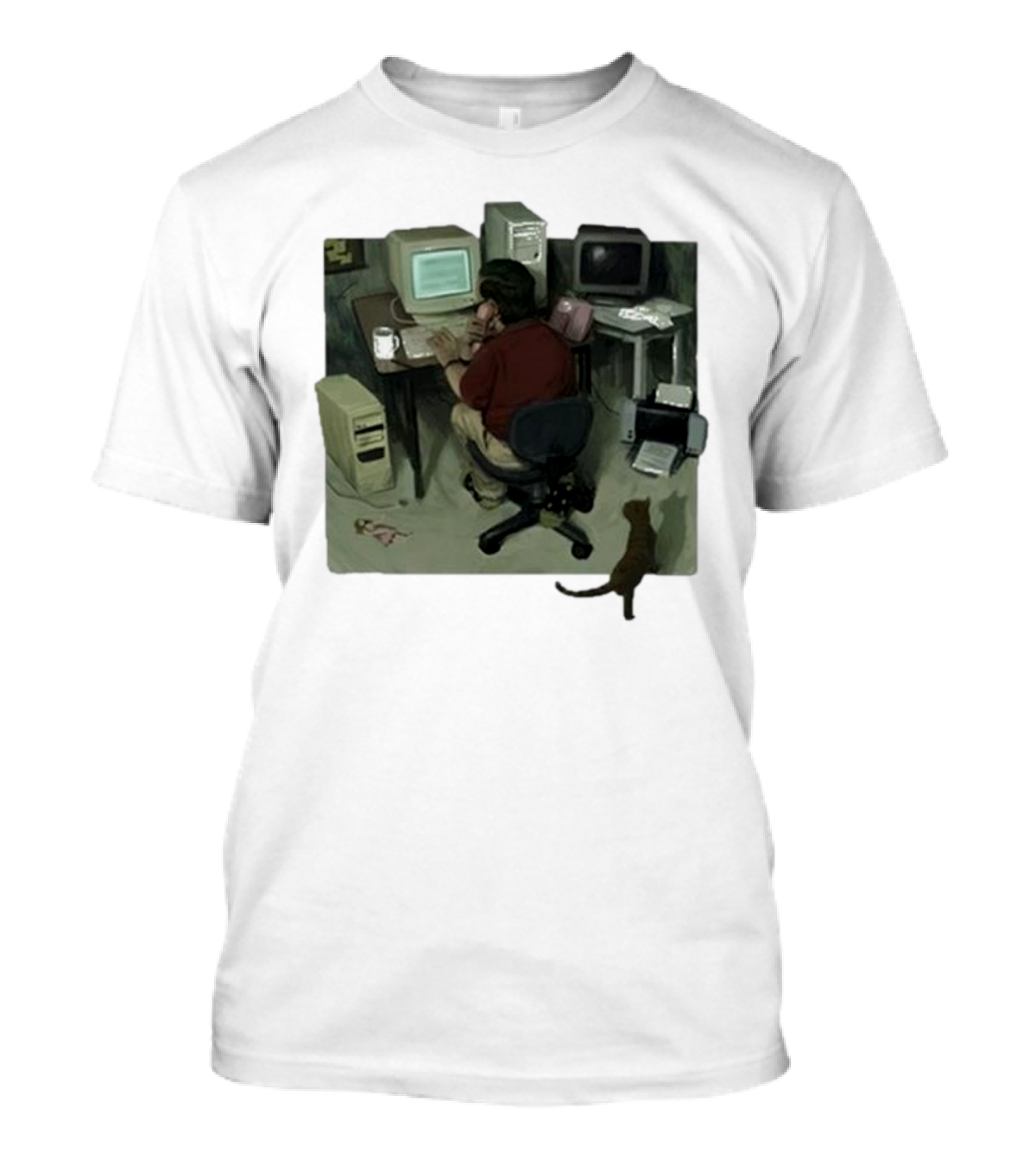 Ollie Jones Freelancer At Computer With Cat In Home Office Scene T-Shirt