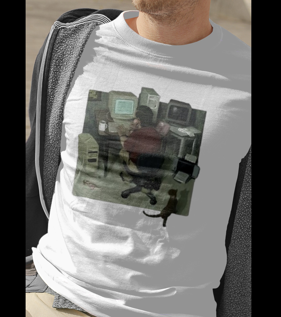 Ollie Jones Freelancer At Computer With Cat In Home Office Scene T-Shirt