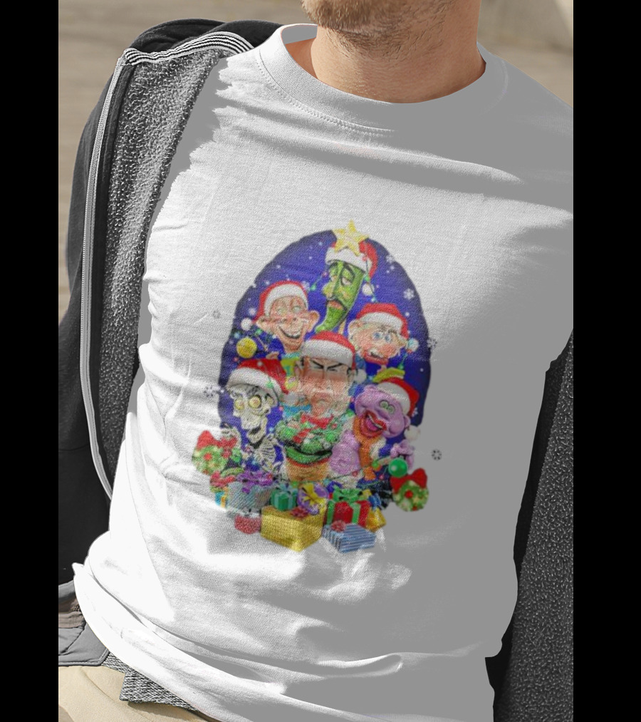 Jeff Dunham Christmas Characters With Santa Hats And Gifts Snow Merry Christmas T-Shirt