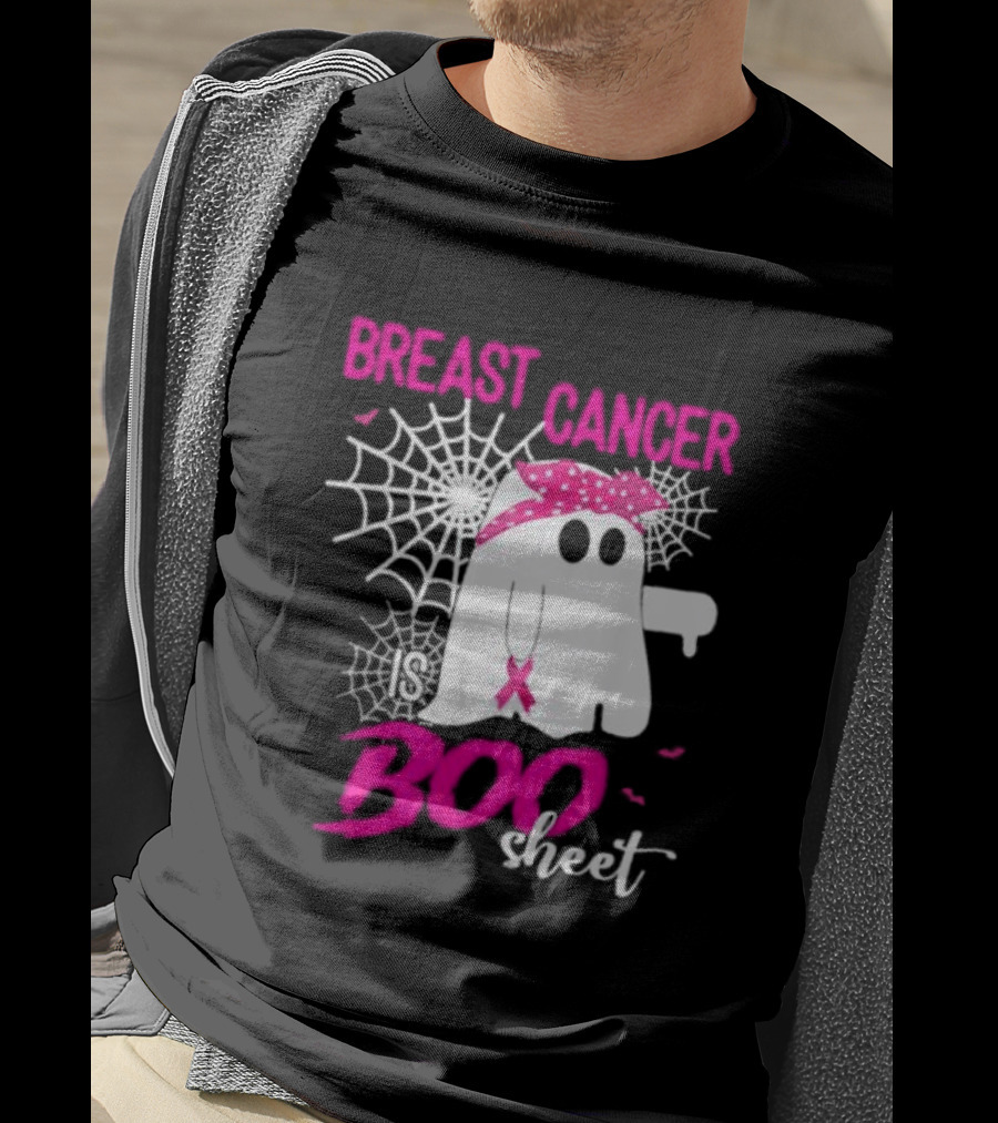 Breast Cancer Is Boo Sheet Halloween Ghost With Pink Ribbon And Spider Webs T-Shirt