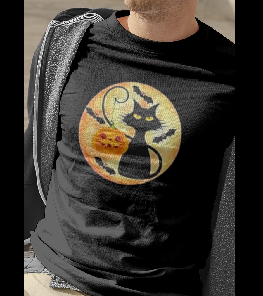 Funny Pumpkin Black Cat Halloween Witch Bat Moon T-Shirt