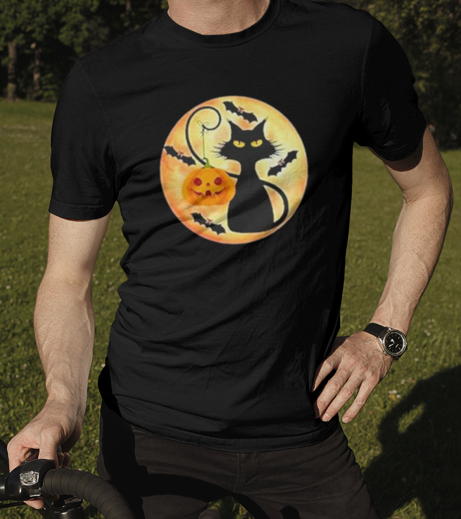 Funny Pumpkin Black Cat Halloween Witch Bat Moon T-Shirt