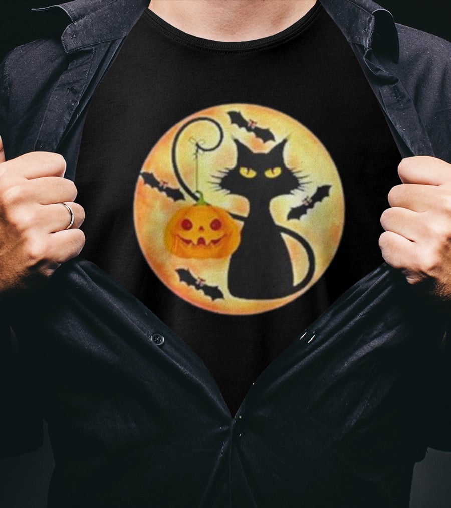 Funny Pumpkin Black Cat Halloween Witch Bat Moon T-Shirt