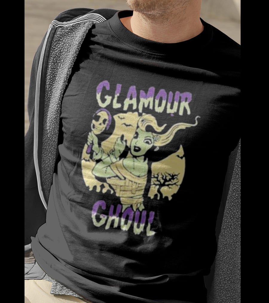 Glamour Ghoul Halloween Monster Retro Skeleton Mirror Bats Trees T-Shirt
