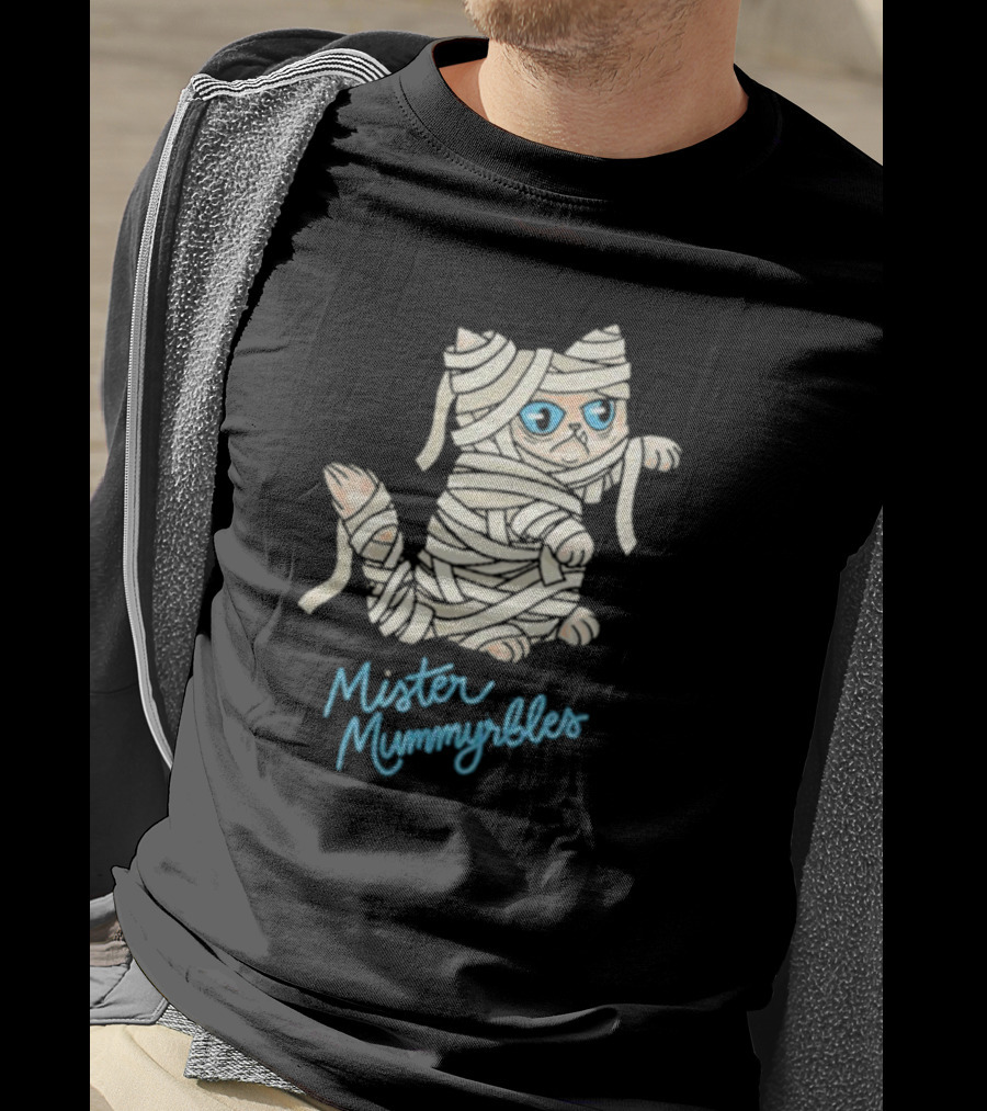 Lilbub Mister Mummyrbles Wrapped Cat With Blue Text T-Shirt
