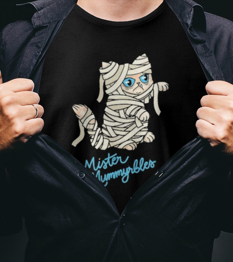 Lilbub Mister Mummyrbles Wrapped Cat With Blue Text T-Shirt