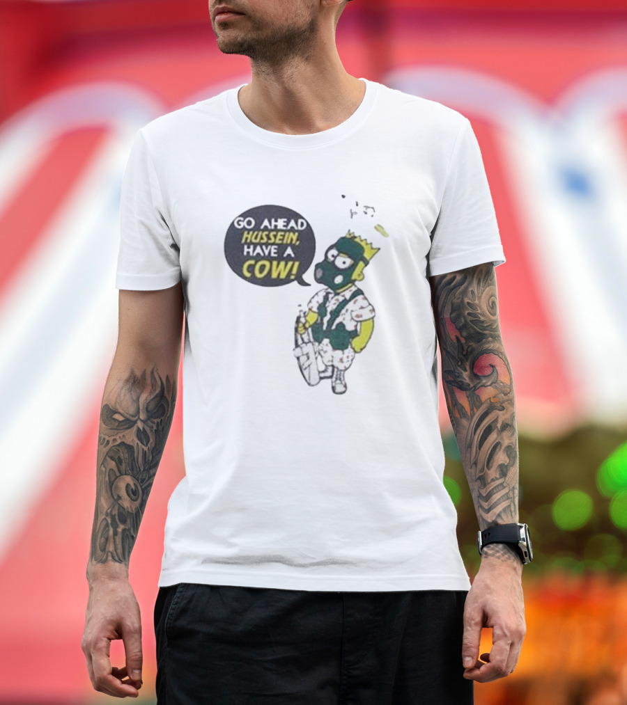 Go Ahead Hussein Have a Cow Cartoon Character in Gas Mask with Crown and Balloons T-Shirt
