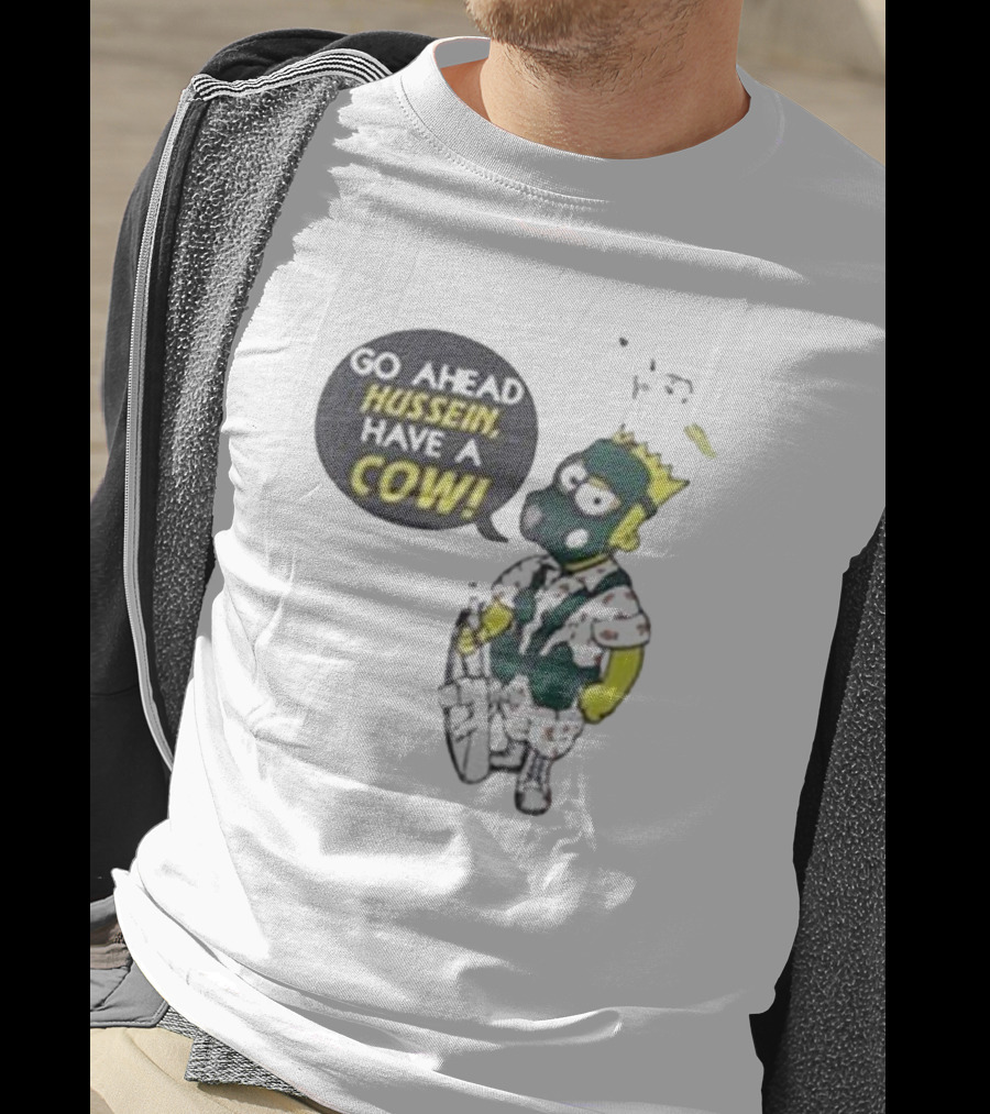 Go Ahead Hussein Have A Cow Cartoon Character In Gas Mask With Crown And Balloons T-Shirt