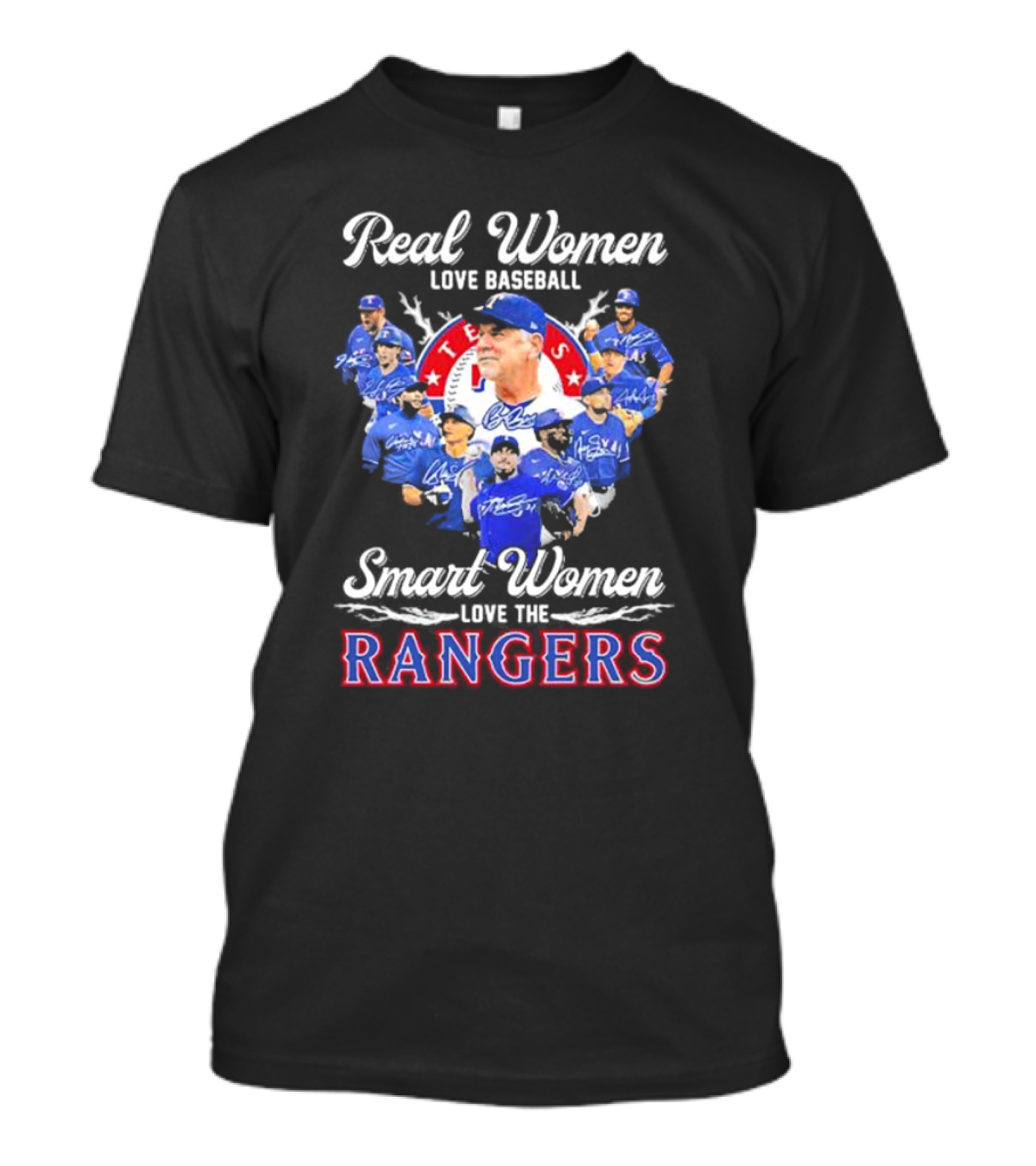 Real Women Love Baseball Smart Women Love The Texas Rangers Team Montage T-Shirt