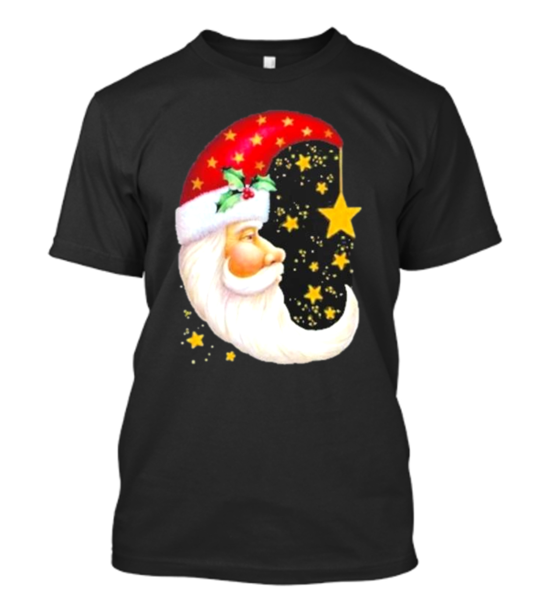 Christmas Santa Crescent Moon Starry Hat Print Crew Neck T-Shirt