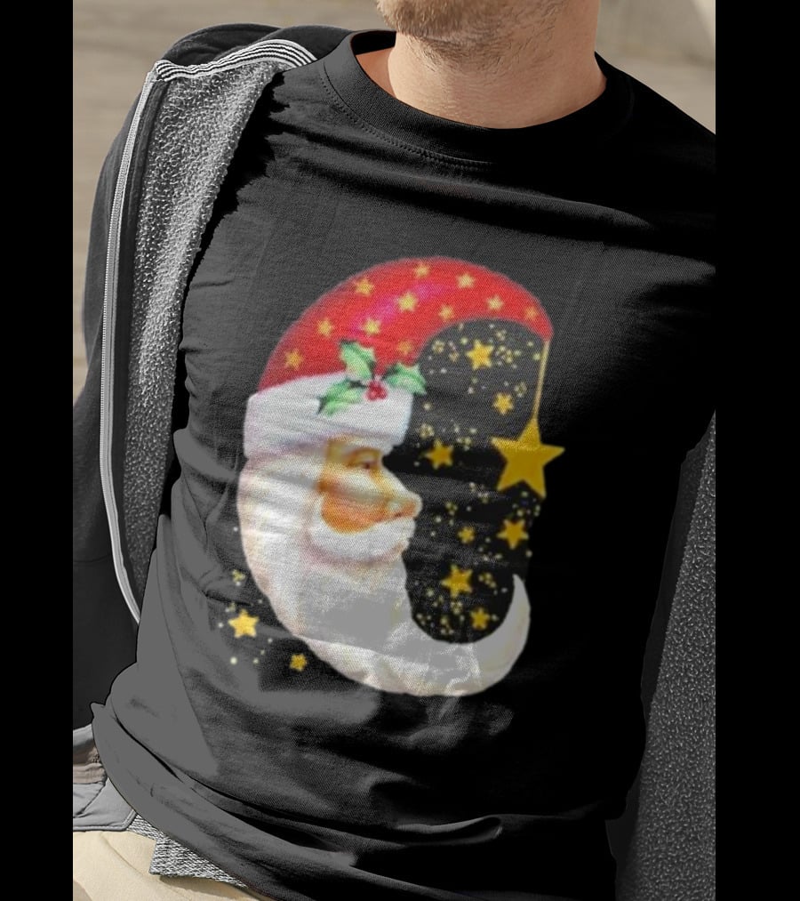 Christmas Santa Crescent Moon Starry Hat Print Crew Neck T-Shirt
