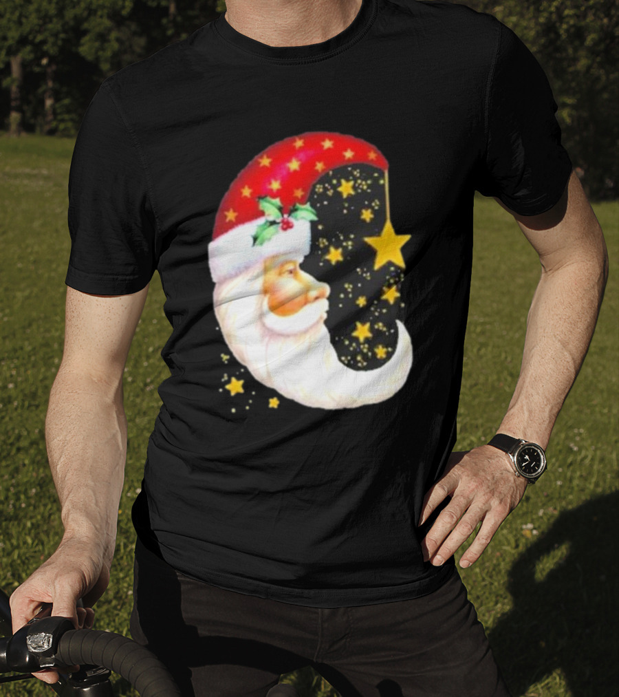 Christmas Santa Crescent Moon Starry Hat Print Crew Neck T-Shirt