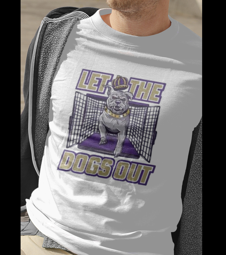 LET THE DOGS OUT Bulldog Escaping With Crown From Purple Cage T-Shirt
