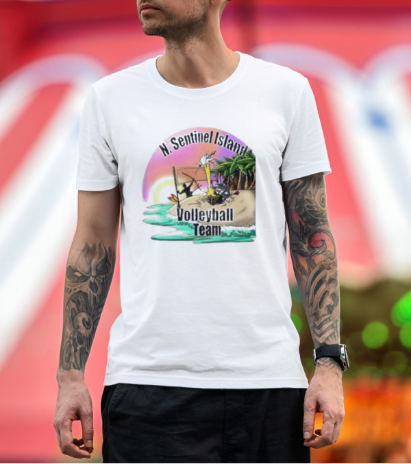 Premium T-Shirt: N. Sentinel Island Volleyball Team Sunset Beach Scene with Palms T-Shirt N. Sentinel Island Volleyball Team Sunset Beach Scene with Palms T-Shirt