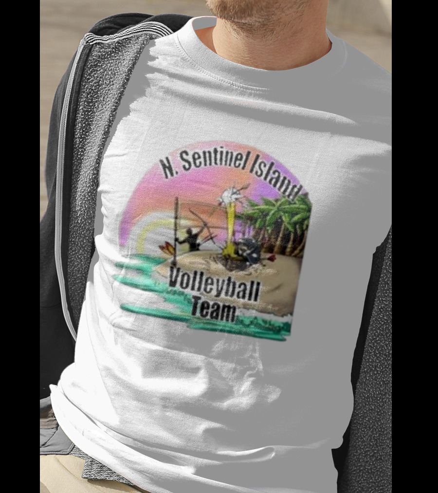N. Sentinel Island Volleyball Team Sunset Beach Scene With Palms T-Shirt