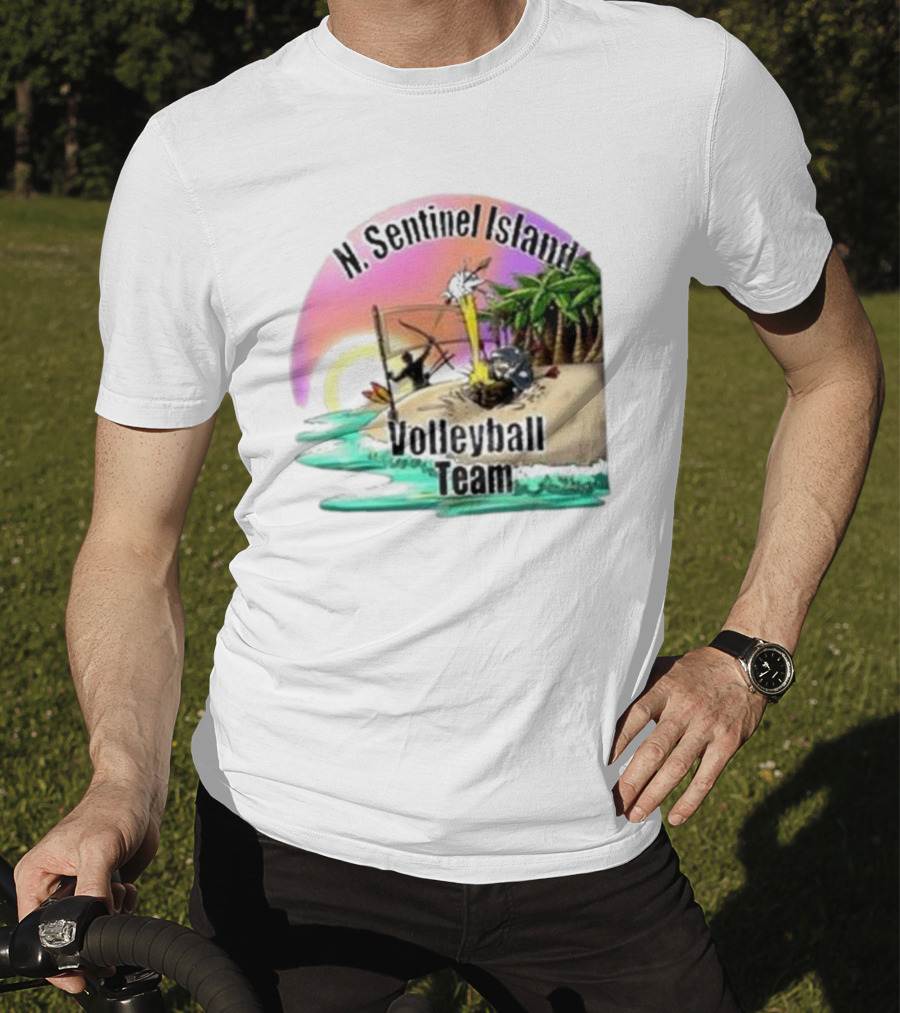N. Sentinel Island Volleyball Team Sunset Beach Scene With Palms T-Shirt