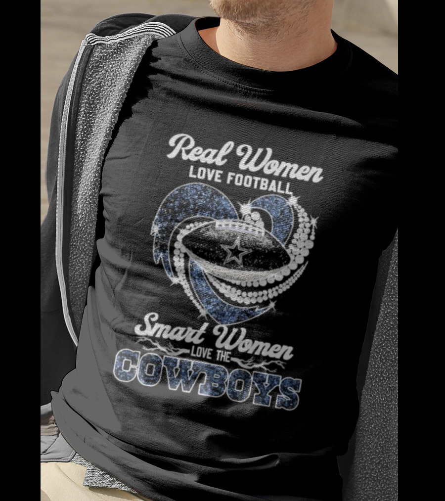 Real Women Love Football Smart Women Love The Cowboys Diamond Heart Football Ball T-Shirt