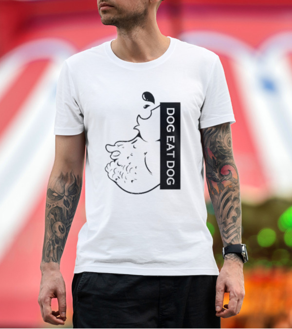 Premium T-Shirt: Slosh Dog Eat Dog Vertical Text Graphic with Cartoon Style Dog Outline T-Shirt Slosh Dog Eat Dog Vertical Text Graphic with Cartoon Style Dog Outline T-Shirt
