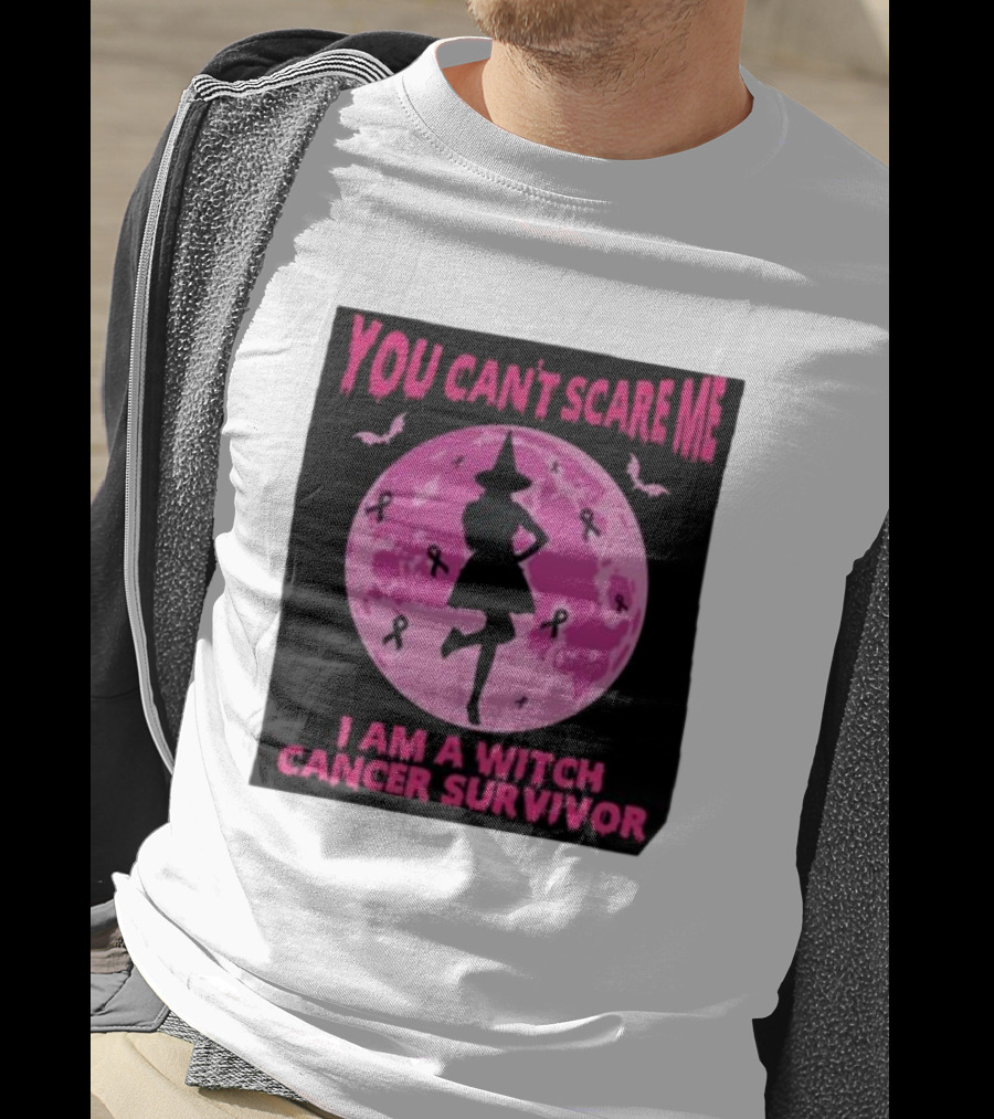 You Can’t Scare Me I Am A Witch Cancer Survivor Pink Moon Bats Ribbons T-Shirt