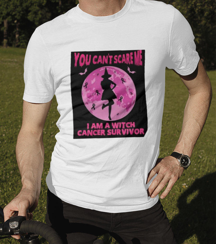 You Can’t Scare Me I Am A Witch Cancer Survivor Pink Moon Bats Ribbons T-Shirt