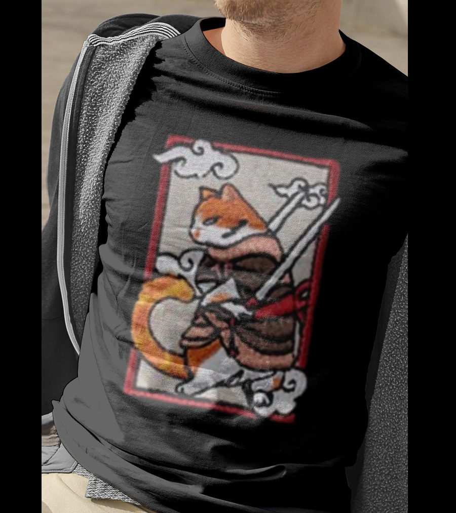 Loky Rain Loky Samurai Cat In Traditional Armor With Swords And Clouds T-Shirt