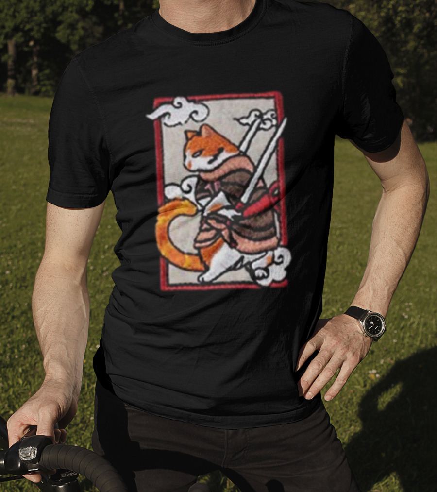 Loky Rain Loky Samurai Cat In Traditional Armor With Swords And Clouds T-Shirt