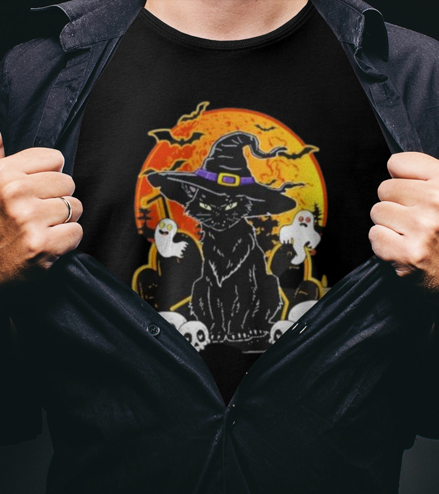 Black Cat Witch Skull Cemetery Blood Moon Halloween Ghosts T-Shirt