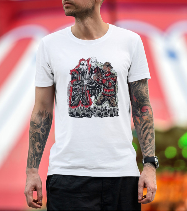 Premium T-Shirt: Violent Faceoff Horror Icons Showdown Freddy Krueger vs Jason Voorhees in Front of Crowd T-Shirt Violent Faceoff Horror Icons Showdown Freddy Krueger vs Jason Voorhees in Front of Crowd T-Shirt