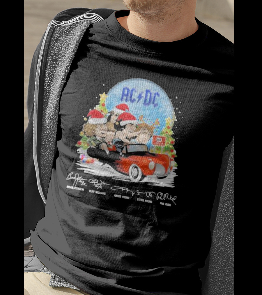 ACDC Band Members In Santa Hats Merry Christmas Signatures On Car With Highway To Hell Sign T-Shirt