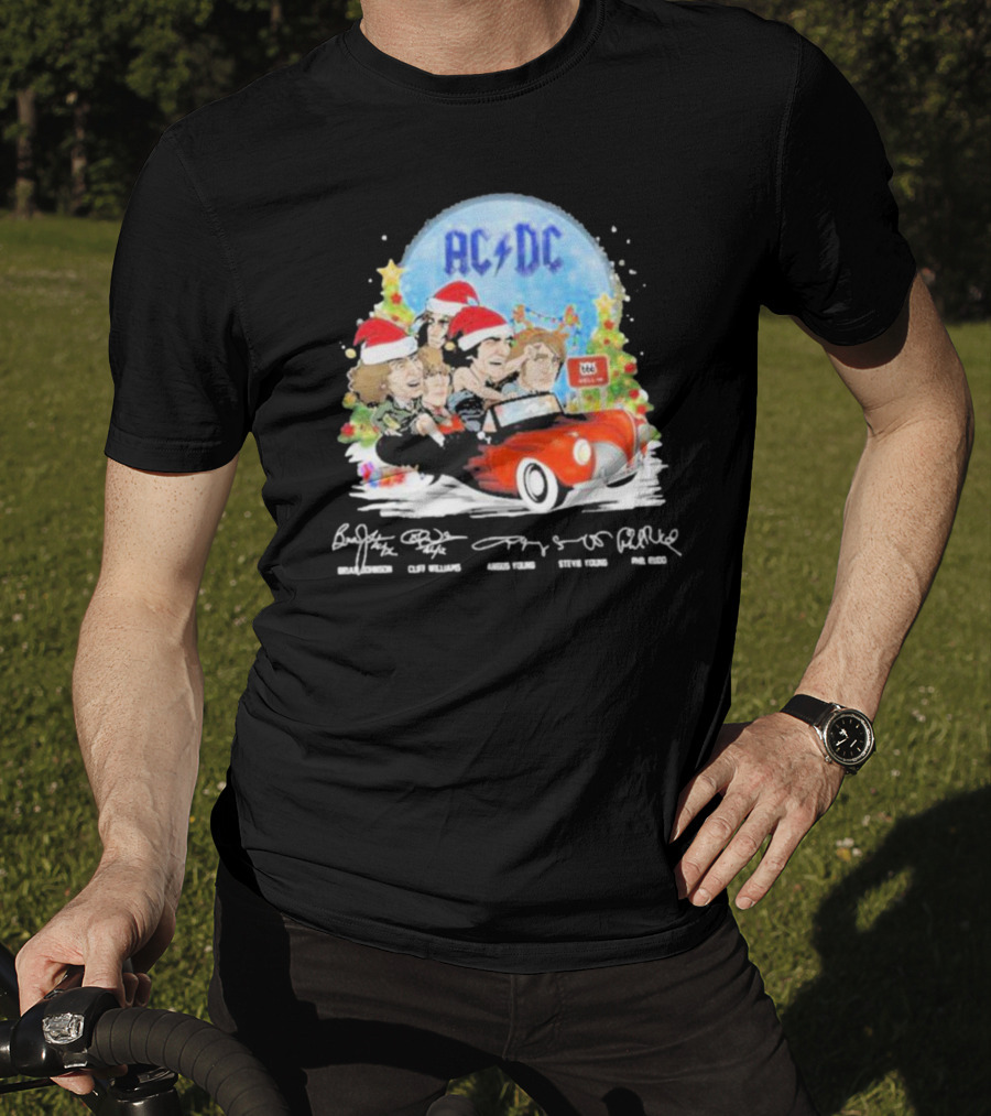 ACDC Band Members In Santa Hats Merry Christmas Signatures On Car With Highway To Hell Sign T-Shirt