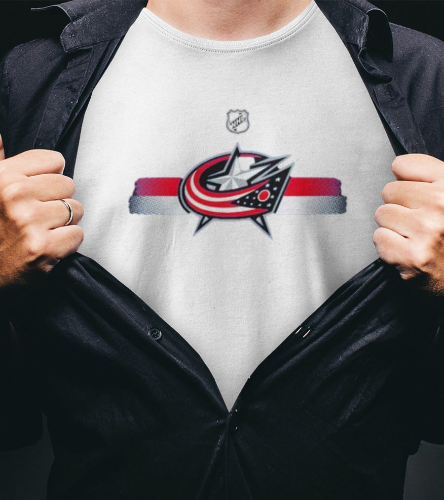 NHL Columbus Blue Jackets Emblem With Red White Blue Stripes T-Shirt