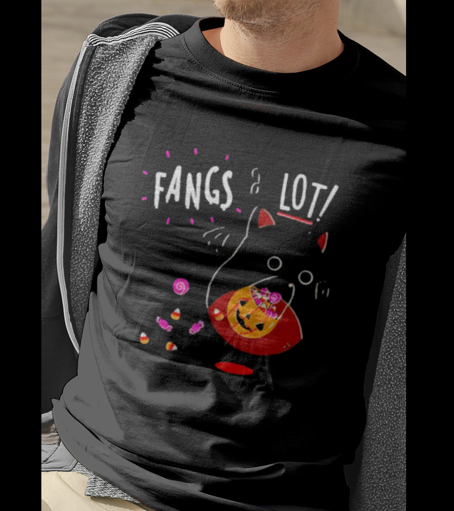 Ghost Cat Fangs A Lot Trick Or Treat Halloween Candy T-Shirt