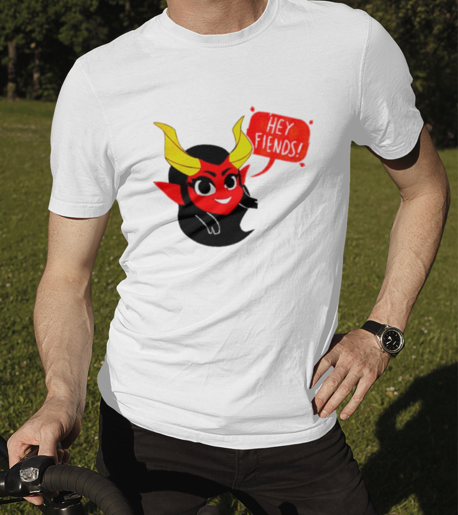 Ginnydi Hey Fiends Demon Cartoon Character With Red Face Yellow Horns And Black Hair T-Shirt