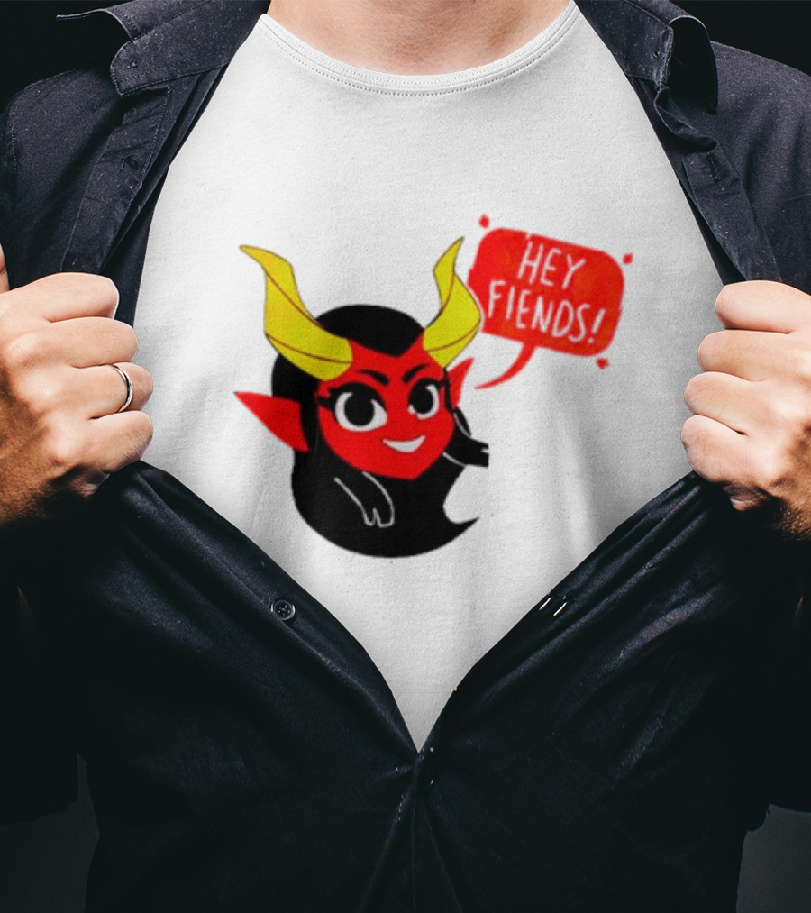 Ginnydi Hey Fiends Demon Cartoon Character With Red Face Yellow Horns And Black Hair T-Shirt