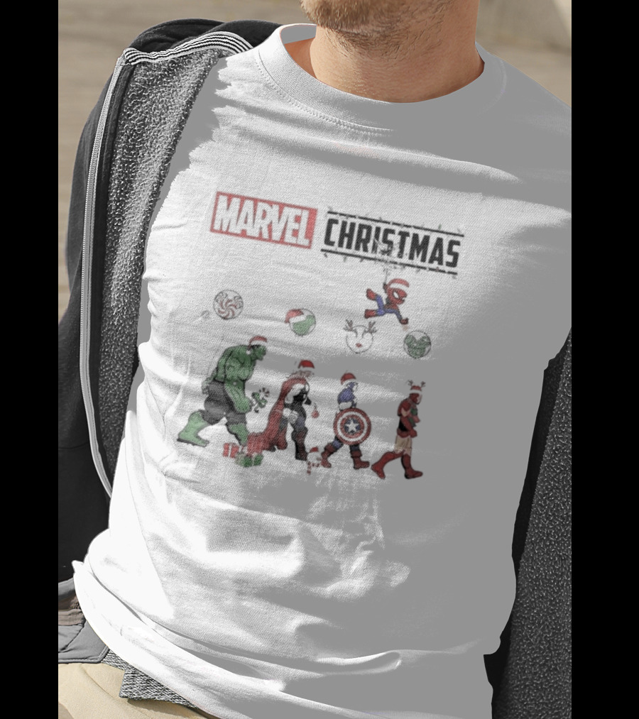 Marvel Christmas Superhero Characters In Santa Hats T-Shirt