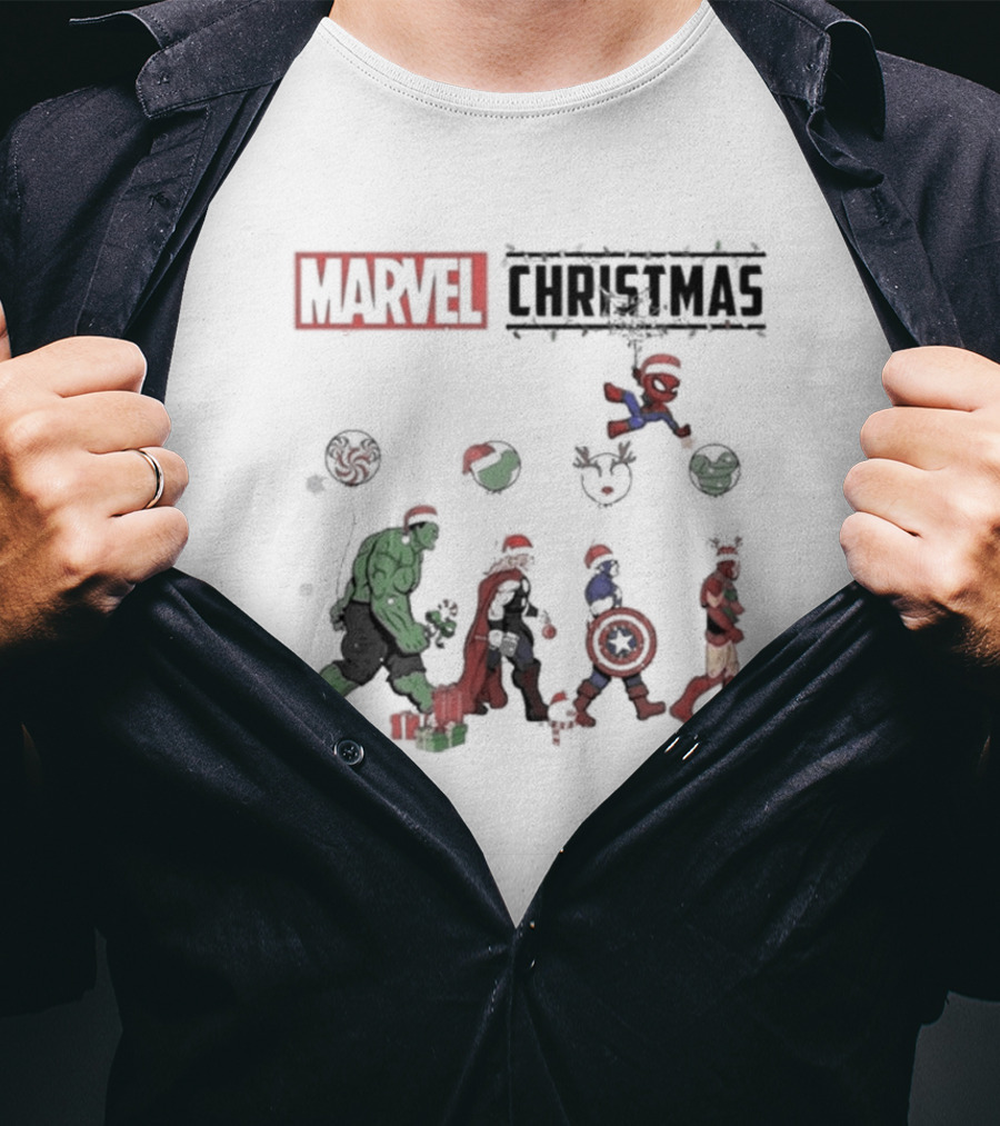 Marvel Christmas Superhero Characters In Santa Hats T-Shirt