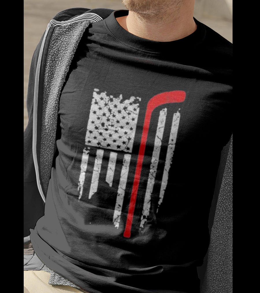 Hockey Stick American Flag Stars Stripes T-Shirt