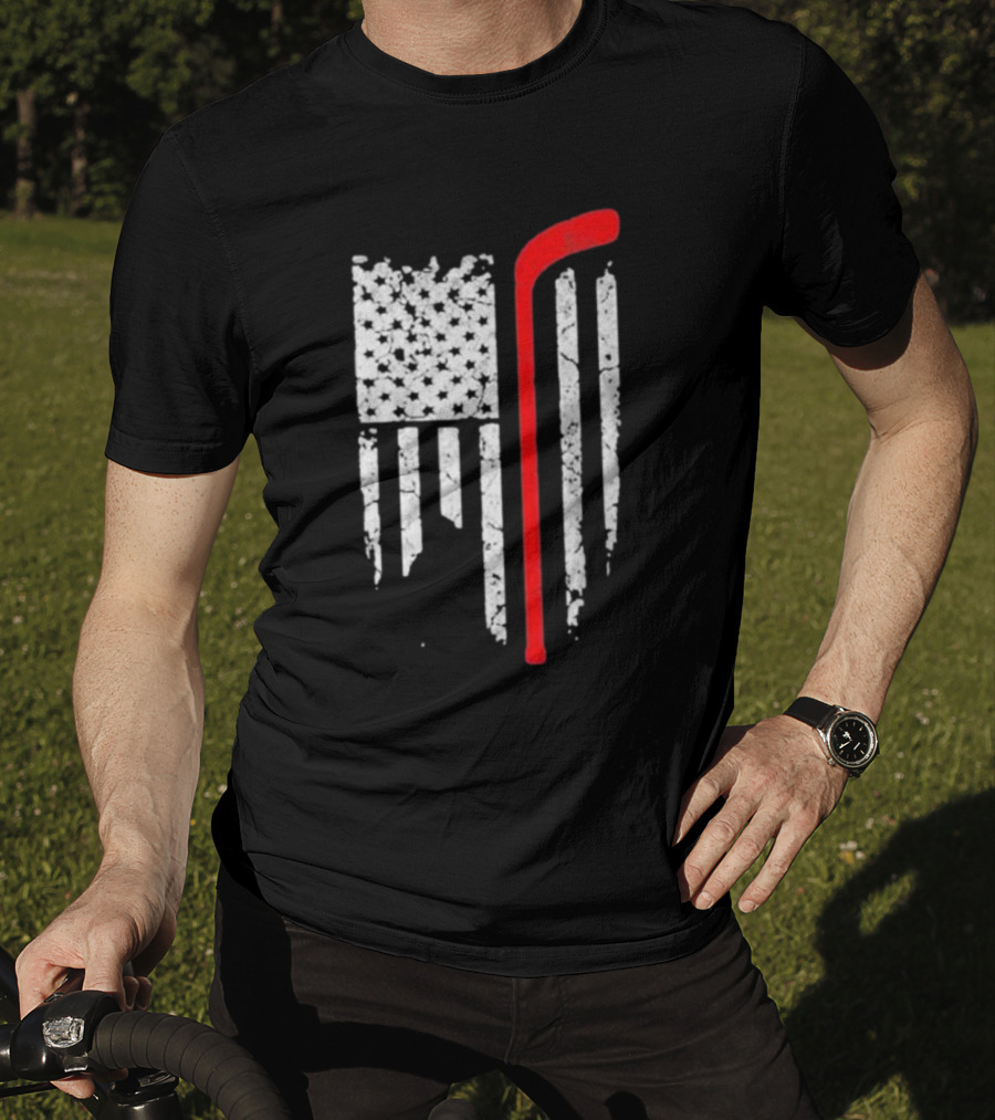 Hockey Stick American Flag Stars Stripes T-Shirt