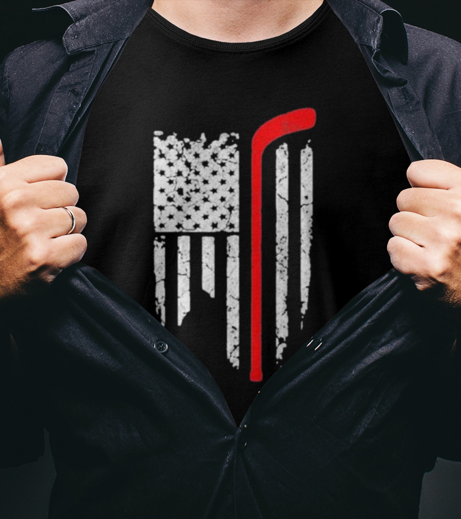 Hockey Stick American Flag Stars Stripes T-Shirt