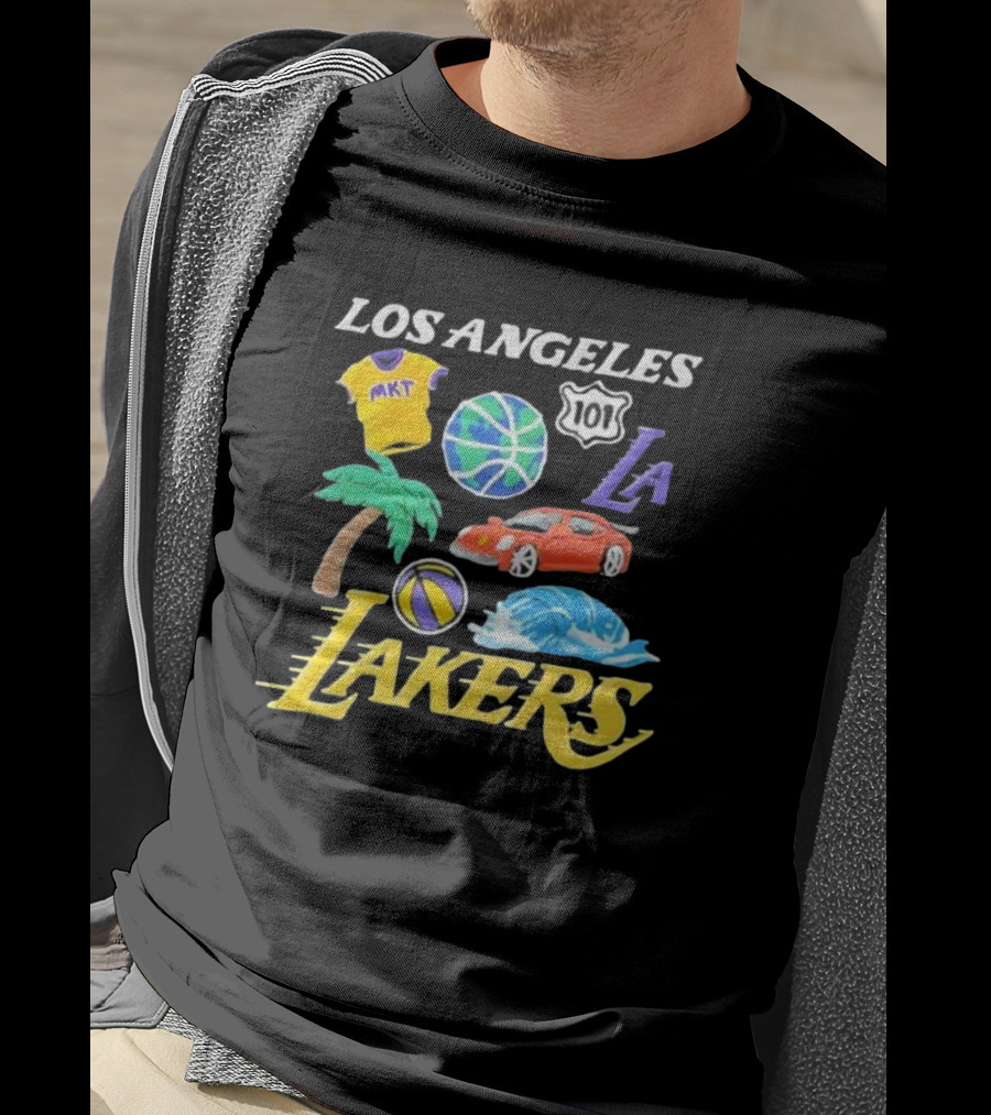 Los Angeles Lakers NBA MKT 101 Claymation LA Basketball Car Palm Wave T-Shirt
