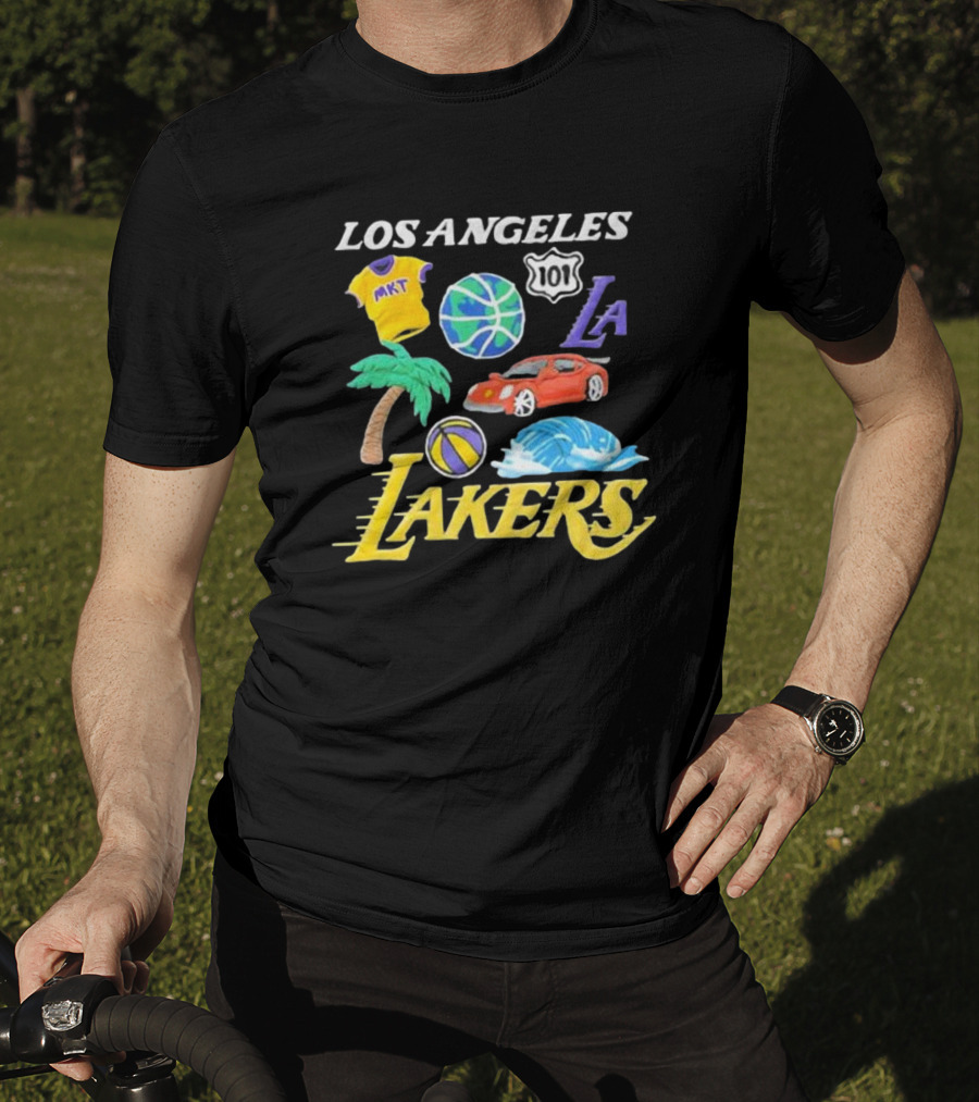 Los Angeles Lakers NBA MKT 101 Claymation LA Basketball Car Palm Wave T-Shirt