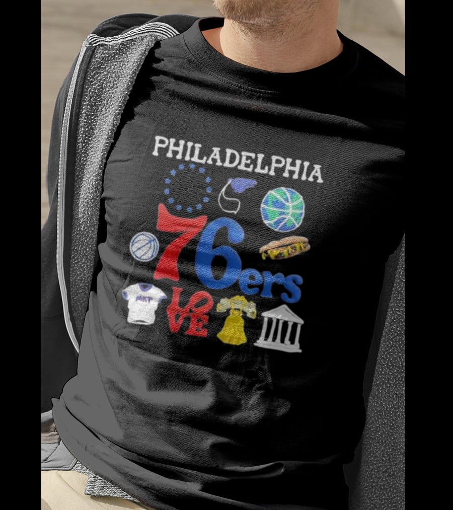 Philadelphia 76ers NBA Market Claymation Love Basketball Hotdog Liberty Bell Federal Building T-Shirt