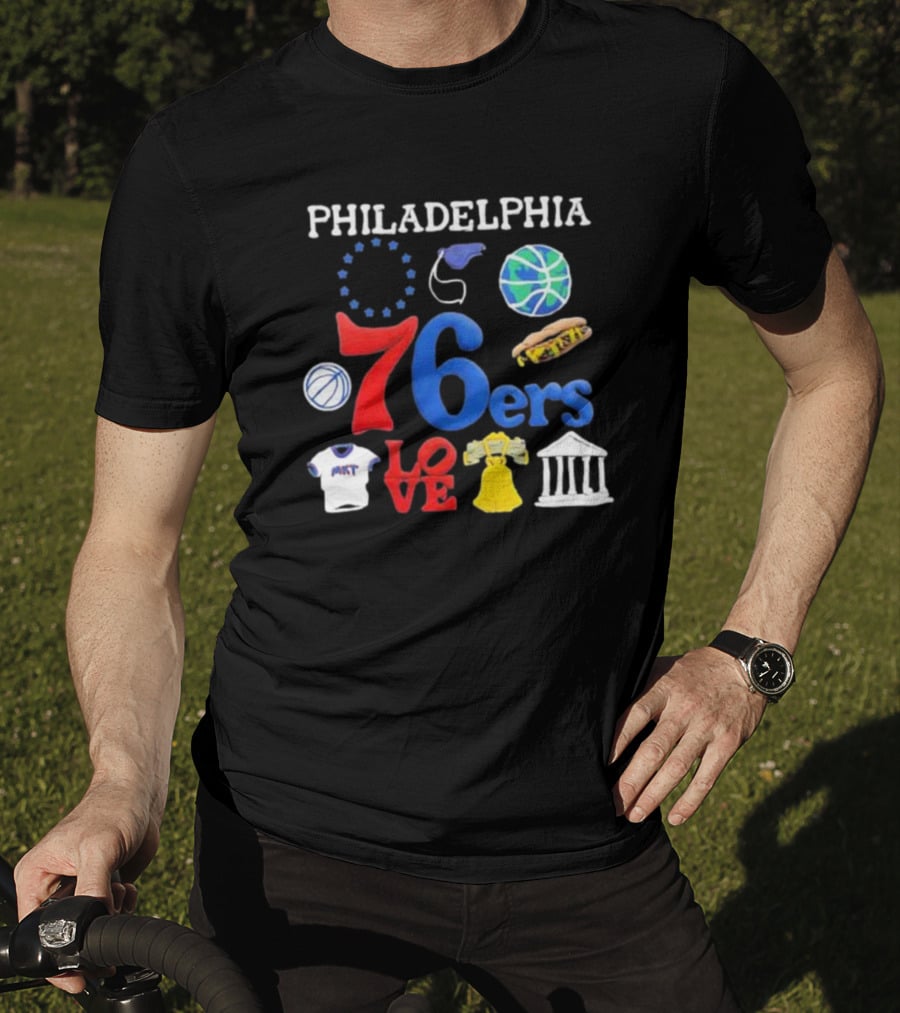 Philadelphia 76ers NBA Market Claymation Love Basketball Hotdog Liberty Bell Federal Building T-Shirt