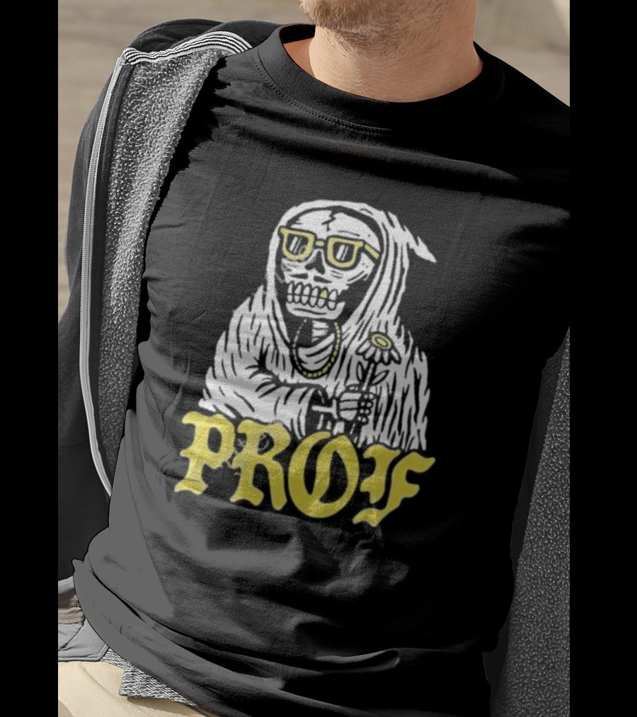 Prof Tombstones Skeleton With Yellow Glasses And Flower T-Shirt