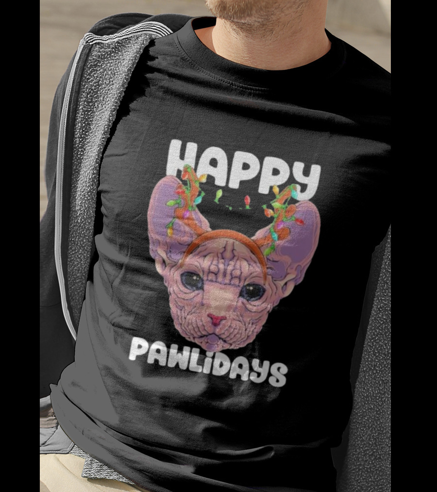 Happy Pawlidays Sphynx Cat With Christmas Lights T-Shirt