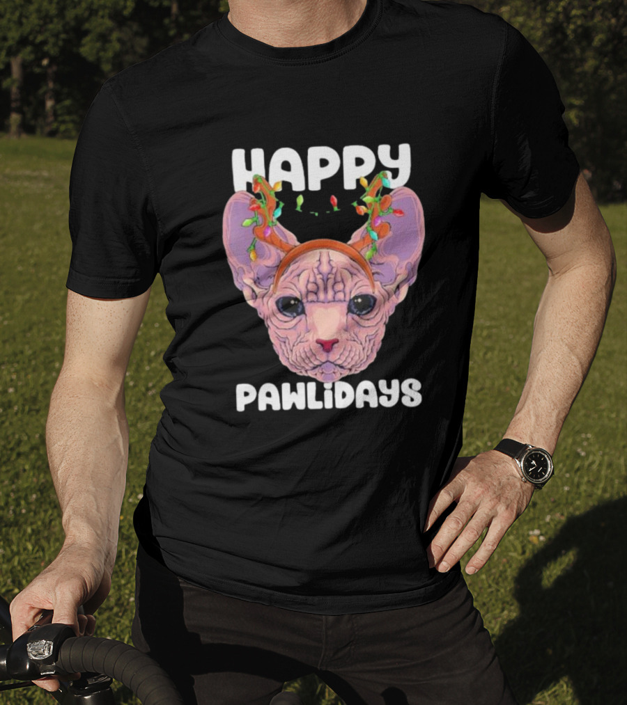 Happy Pawlidays Sphynx Cat With Christmas Lights T-Shirt
