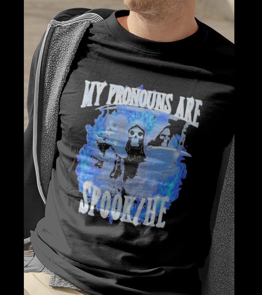My Pronouns Are Spook He Blue Flames Grim Reaper Trio T-Shirt