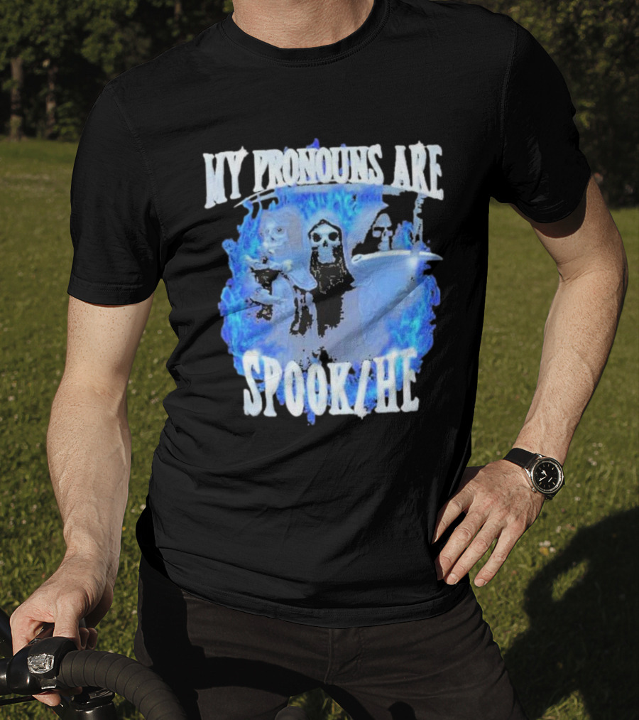 My Pronouns Are Spook He Blue Flames Grim Reaper Trio T-Shirt