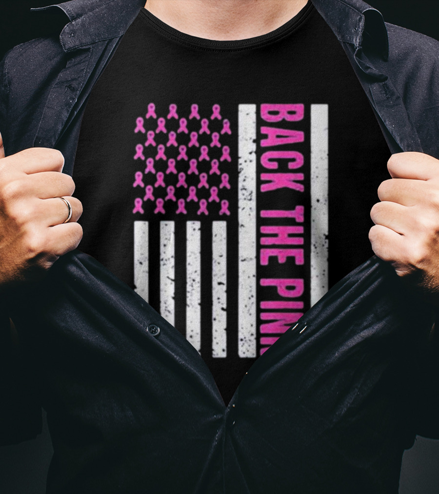 Back The Pink Breast Cancer Awareness American Flag Ribbons T-Shirt