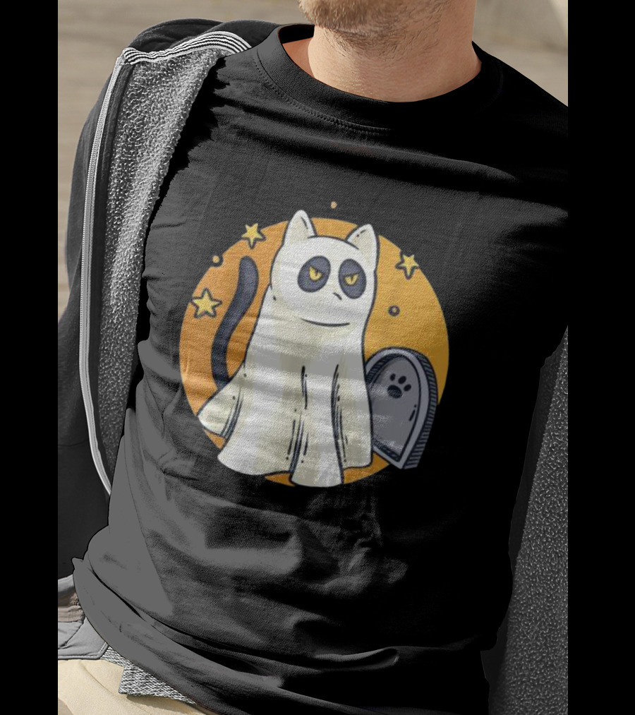 Cute Ghost Cat Halloween Outfit Black Cat With Stars And Tombstone T-Shirt